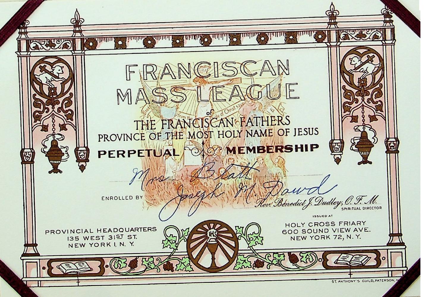 Certificate from the Franciscan Mass League