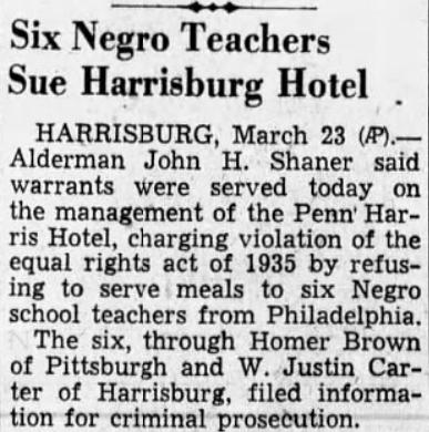Six Negro Teachers Sue Harrisburg Hotel